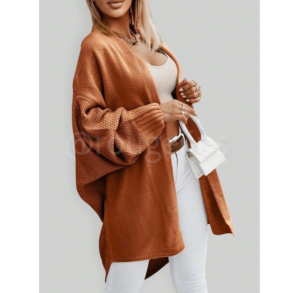 Rust Brown Open Cardigan Knit Long Batwing Sleeve - Picture 3 of 4